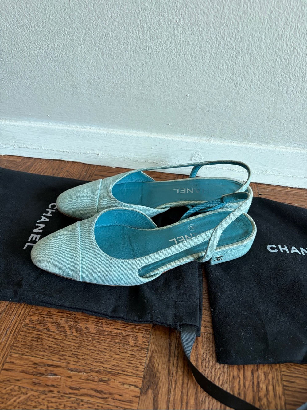 Chanel denim slingback flats mules